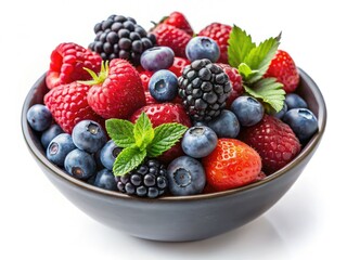 Obraz premium Detailed macro photography: fresh, colorful summer berries in a bowl against a stark white backdrop.