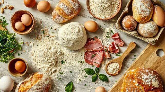 Fresh eggs, flour, and herbs come together in an engaging display of homemade bread and pastry preparation