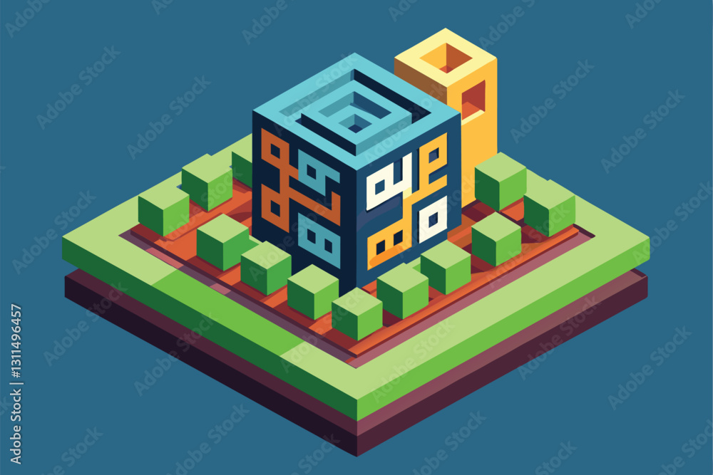 Poster a detailed isometric qr code design surrounded by vibrant greenery and geometric structures, qr code