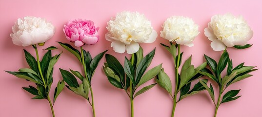 Obraz premium Five Elegant Peonies Arranged on a Soft Pink Background, Template for Feminine and Romantic Design
