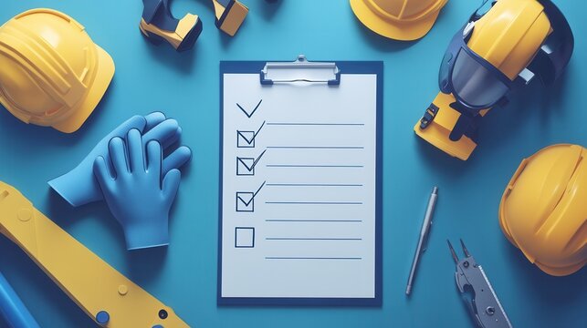 Construction Safety Checklist with Hard Hats and Tools