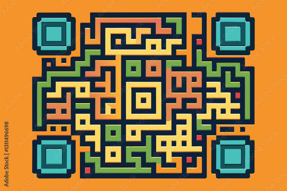 Poster a semi-flat qr code with intricate patterns and bright colors ideal for marketing and branding use, 