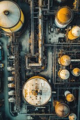 Aerial drone view showcasing a sprawling factory refinery amidst industrial landscapes and vibrant surroundings.