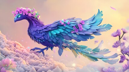Fototapeta premium Fantasy bird, flower crown, cloudscape, sunrise, digital art