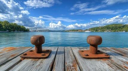 Obraz premium Dock Cleat. Securing Boats at the Dock with Sea and Summer Landscape