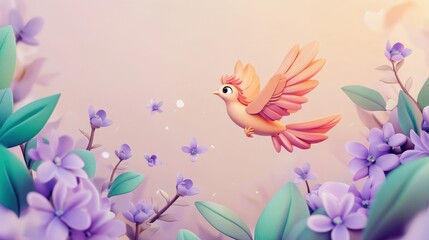 Pink bird flying amidst lilac flowers, spring background, gentle illustration, ideal for greeting cards
