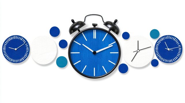 Elegant clock design with blue and white circles surrounding the timepiece representing retirement celebration theme