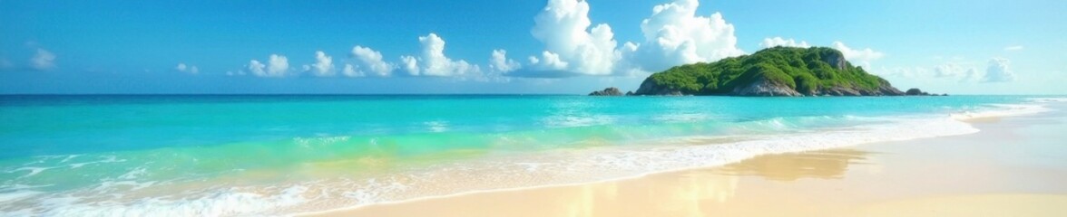 Obraz premium Golden sand, clear blue sea, distant green island silhouette, stunning, amazing