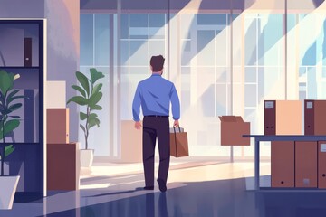 Obraz premium Businessman Leaving Office Modern Building Sunlit Room Departure work away light style career window