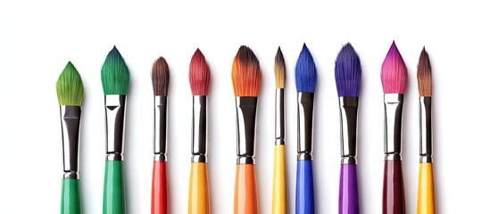 Obraz premium Colorful set of paintbrushes arranged horizontally on a white background featuring green red orange yellow purple and blue bristles top view angle
