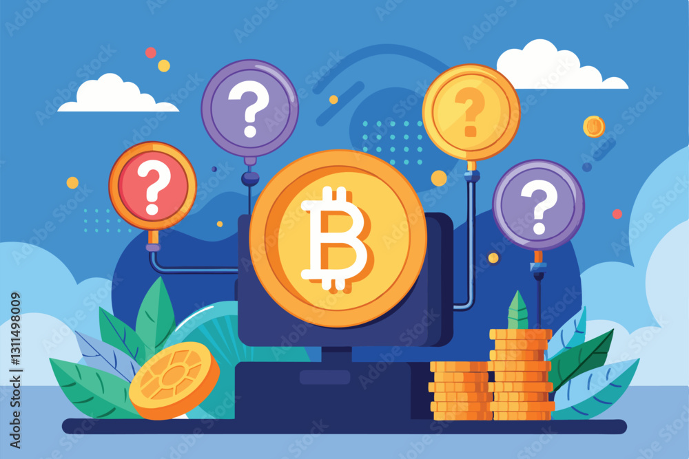 Poster a digital display shows bitcoin coins and question marks, illustrating curiosity about cryptocurrenc