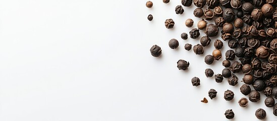 Cracked black peppercorns scattered in the bottom left corner on a clean white background with ample copy space for text insertion