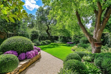 Obraz premium A vibrant garden, bursting with life, displays an array of lush greenery and brilliantly colored flowers under the radiant sun on a beautiful summer day