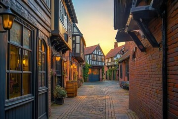 Fototapeta premium A picturesque cobblestone alley, adorned with charming historical buildings, comes alive at sunset, creating an enchanting atmosphere in the quaint village