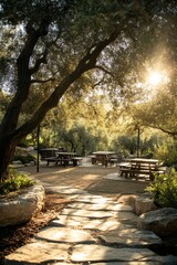 Fototapeta premium Relaxing outdoor seating area amidst lush greenery with sunlight filtering through trees, creating a tranquil atmosphere for visitors to enjoy nature