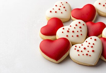 Obraz premium Close-up of adorable heart-shaped cookie decorated with red and white icing perfect for valentine's day celebration