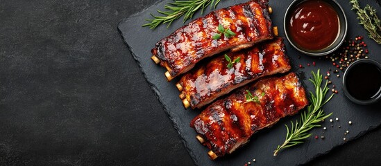 Grilled BBQ pork ribs glazed with barbecue sauce and olive oil placed on dark stone background garnished with fresh herbs and spices