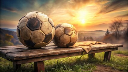Fototapeta premium Rustic wooden bench with worn leather footballs at sunset, peaceful autumn landscape