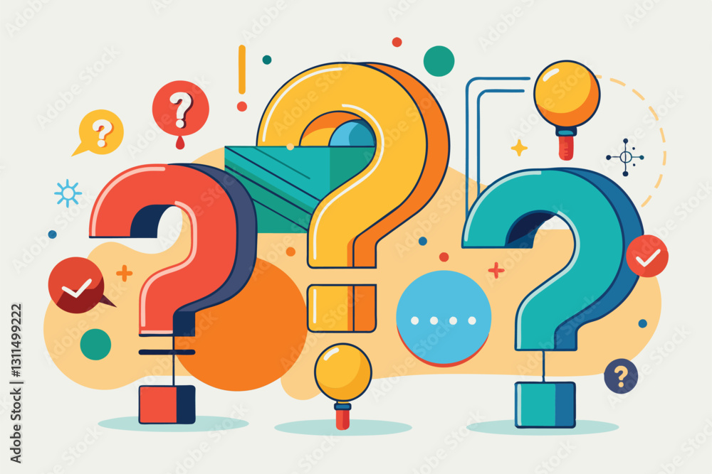 Poster various colorful question marks and symbols illustrate the theme of inquiry and exploration in desig