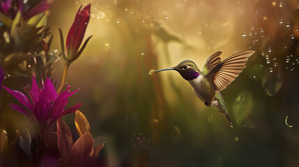 Fototapeta premium Hummingbird in flight near vibrant flowers with glowing background