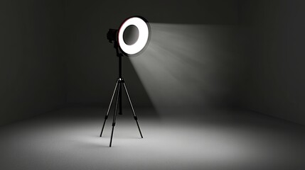 Ring light on tripod illuminating a studio