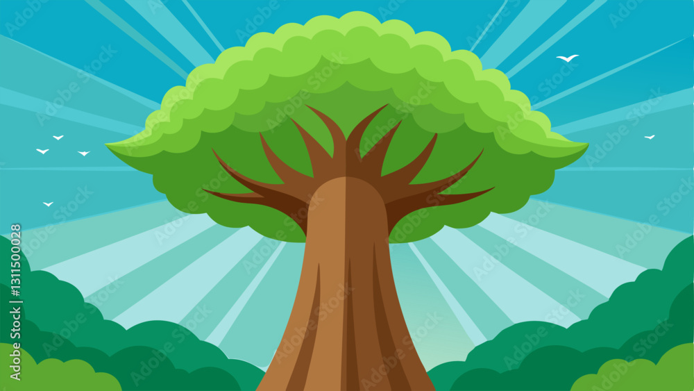 Poster towering heights an illustration that depicts the view from the base of a colossal tree emphasizing 