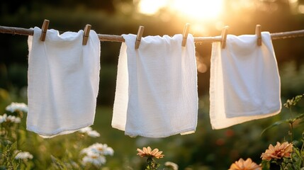 Fresh Laundry Drying on Clothesline in Garden at Sunset