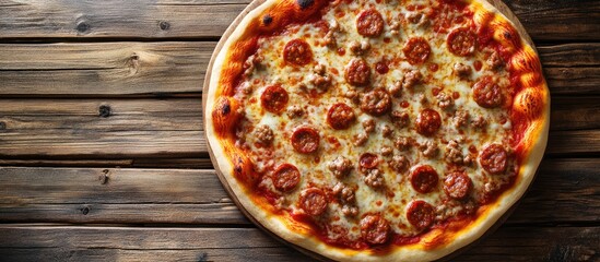 Classic pizza topped with spicy sausage and melted cheese on a wooden board against a rustic brown wood background, vibrant colors and circular layout