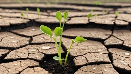 This is a close-up of raindrops falling on dry cracked soil with small green sprouts emerging from the ground symbolizing new life and renewal.