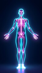 A futuristic neon 3D hologram of a full-length human body stands against a vibrant blue background, offering a digital and innovative representation of human anatomy and technology.
