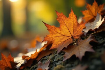 Close-up of decaying oak leaves, earthy tones, dappled sunlight, fall colors, rustic