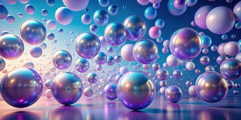 Abstract iridescent spheres floating in a vibrant blue and purple atmosphere, reflecting light and creating a mesmerizing visual spectacle