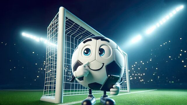 A funny soccer ball character interacts with his smartphone with a pleased expression, near the soccer goal, in a stadium at night, scene well lit by the spotlights, some confetti falling nearby