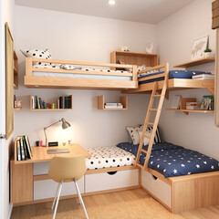 Obraz premium Compact kids room with bunk beds, wallmounted shelves, and a hidden pullout desk for functionality