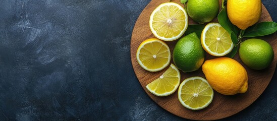 Citrus fruit slices including yellow lemons and green limes arranged on a wooden cutting board with a dark textured background and copy space on the left
