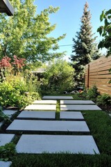 Fototapeta premium A charming garden pathway, beautifully adorned with stepping stones, winds its way through vibrant greenery, all under a bright, sunny sky