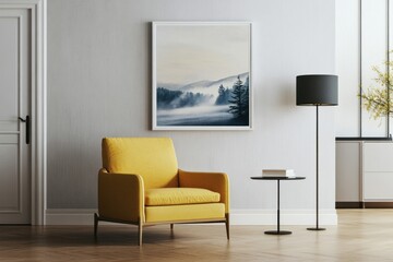 Modern living room with yellow armchair and landscape print
