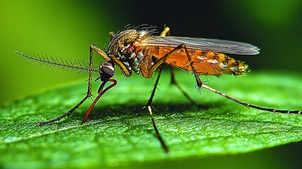 Fototapeta premium Close-up of a mosquito feeding on a green leaf in a lush natural environment