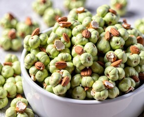 Matcha green tea popcorn in a white ceramic bowl, sprinkled with crushed almonds. Generative AI