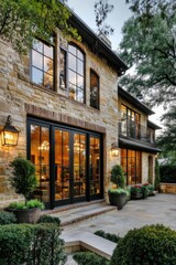 Fototapeta premium Stunning modern home with large windows and elegant outdoor landscaping in a peaceful suburban neighborhood during the late afternoon light