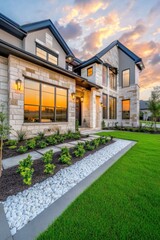 Modern house exterior with large windows and colorful sunset in the background, showcasing an inviting landscape and elegant architecture in a tranquil neighborhood