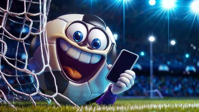 An anthropomorphic cartoon soccer ball, smiling with its mouth open while watching the score of its team on its smartphone. It is inside a stadium, at night, near the net of the soccer goal
