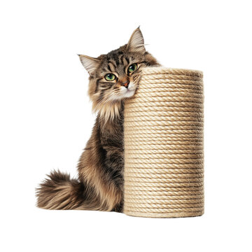Fluffy cat resting by a scratching post isolated on white background. Isolated Pet Accessories & Supplies