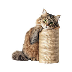 Fluffy cat resting on a scratching post with a isolated on white background. Isolated Pet Accessories & Supplies