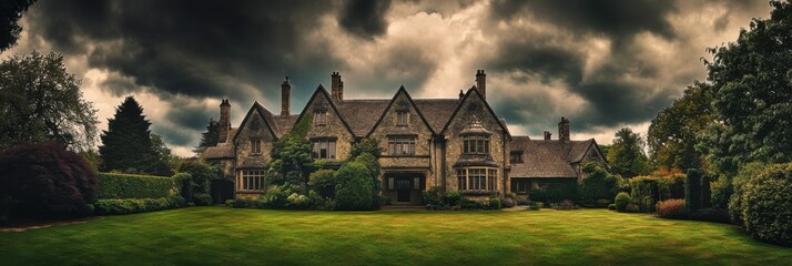 English Manor. A Spooky Old Manor House with Dramatic Cloudy Sky in England