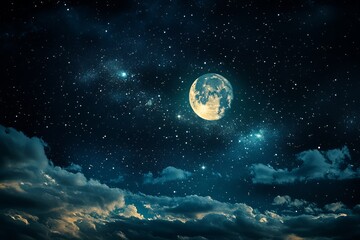 Magical Night Sky Full Moon Stars Cloudscape Celestial Dreamy Romantic Peaceful Serene Atmosphere Nighttime Galaxy Space Universe Background Image art