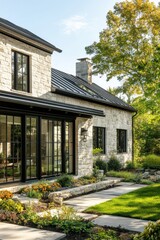 Modern stone house exterior with large windows, landscaped garden, and walkways showcasing a serene environment on a sunny day in a suburban neighborhood