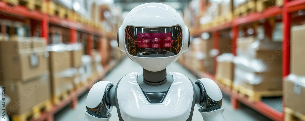 Poster maintenance technical efficiency tools concept. a futuristic robot stands in a warehouse aisle fille