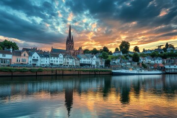 Obraz premium Exeter Cityscape at Sunset: Stunning Architecture and Clouds over Historic Devon in England