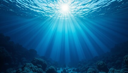 Naklejka premium Sunlights Ethereal Dance Through Ocean Depths, Illuminating A Serene Underwater World Of Coral And Mystery, A Vibrant Blue Canvas Painted With Natures Light